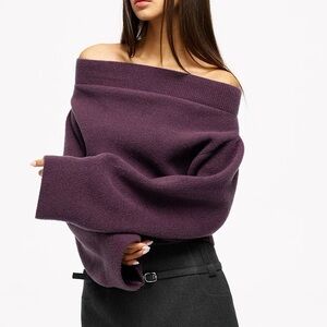Purple off shoulder sweater + colorful scarf | size S